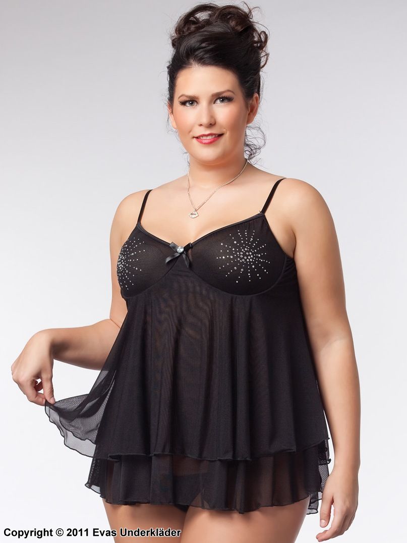 Babydoll, gjennomsiktig netting og blonde, strass, nøkkelhull, plus size